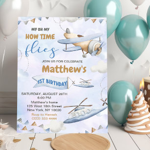 Invitation Cute Retro Blue Avion 1er anniversaire