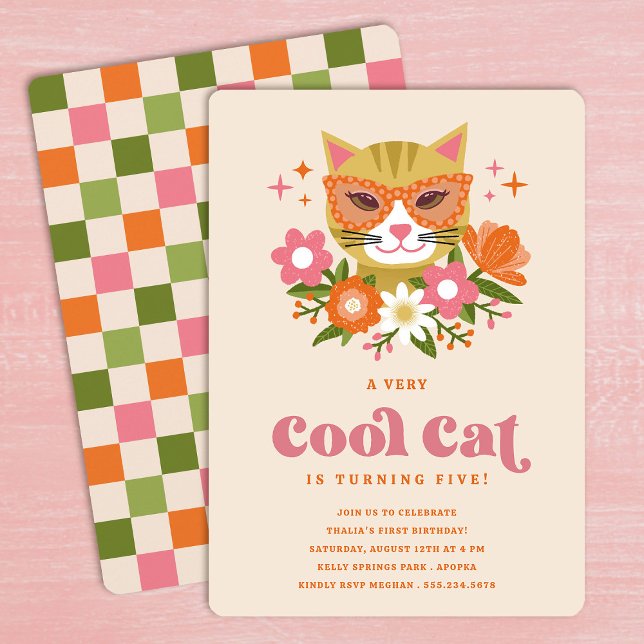 Invitation Cute Retro Floral Cool Fille Chat Fille Anniversai (Créateur téléchargé)