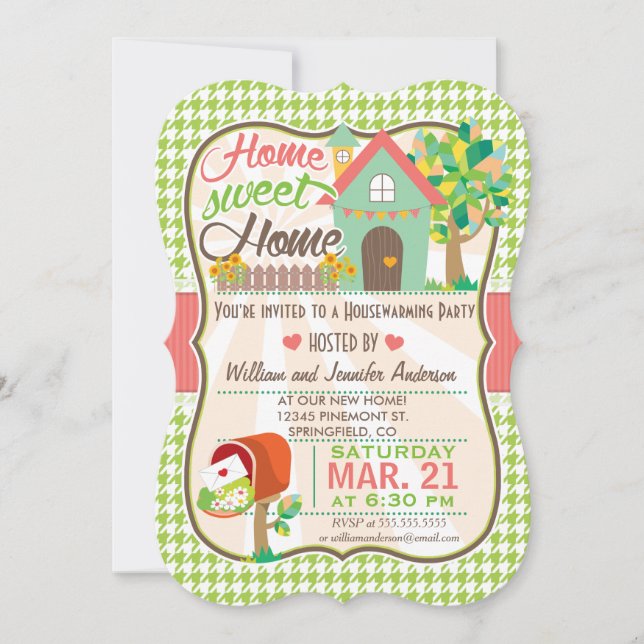 Invitation Cute, Retro Green Houndstooth House Party (Devant)