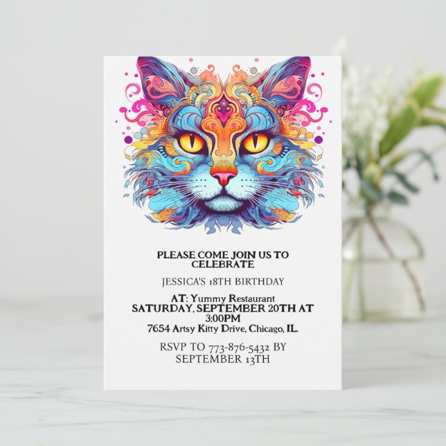 Invitation Cute Retro Kitty Chat fête d'anniversaire (Debout devant)