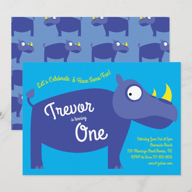Invitation Cute Rhino Enfants 1er anniversaire Fête Rhinocero (Devant / Derrière)
