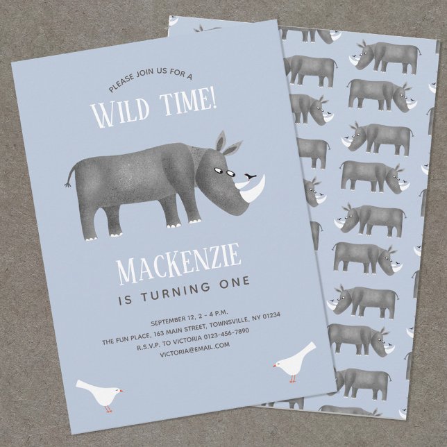 Invitation Cute Rhinoceros Boy 1er Anniversaire Fête Invitati (Fun rhino kid's birthday party invitation)