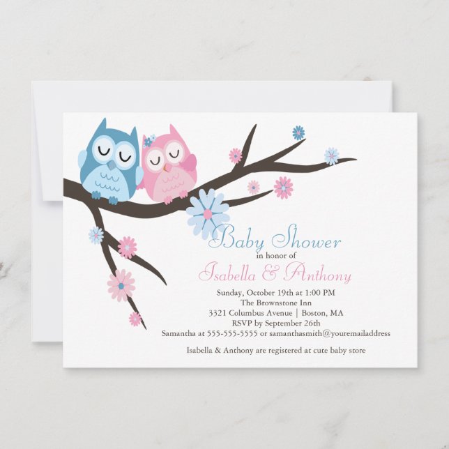 Invitation Cute Rose & Bleu dans Love Owl Couple Baby shower (Devant)