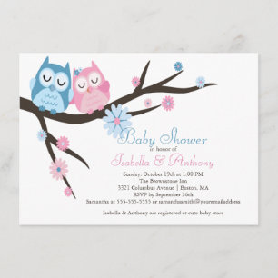 Invitation Cute Rose & Bleu dans Love Owl Couple Baby shower