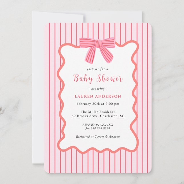 Invitation Cute Rose Bow, Baby shower fille (Devant)
