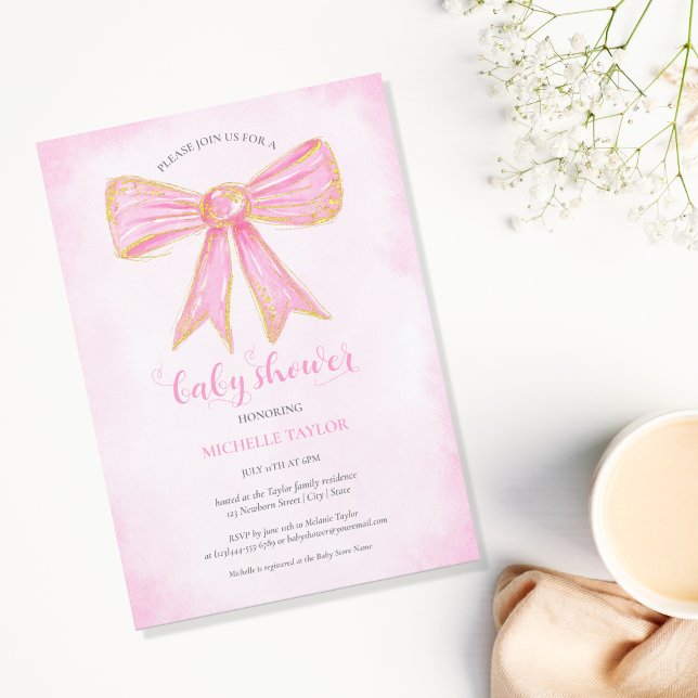 Invitation Cute Rose Bow Gold Parties scintillant bébé fille (pink glitter gold bow)