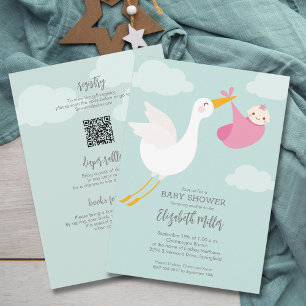 Invitation Cute rose Bundle Stork Girk Baby shower tout en un