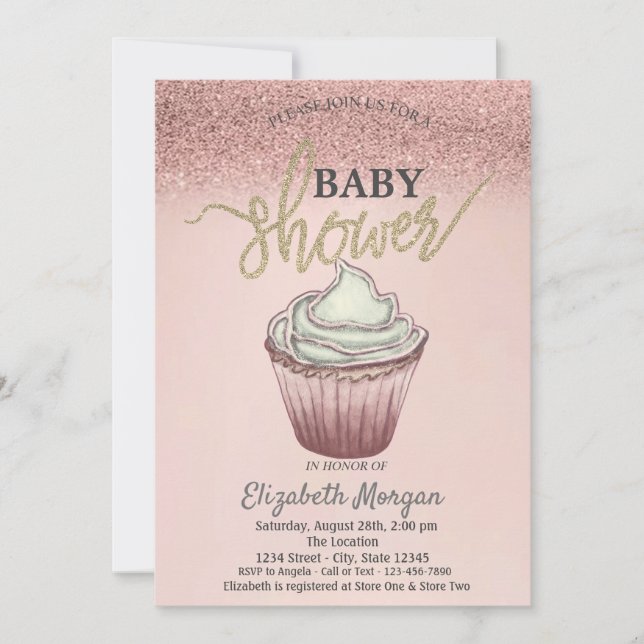 Invitation Cute Rose Cupcake Parties scintillant or (Devant)