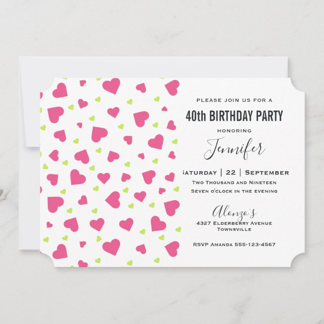 Invitation Cute Rose et Coeurs verts Motif Anniversaire (Devant)