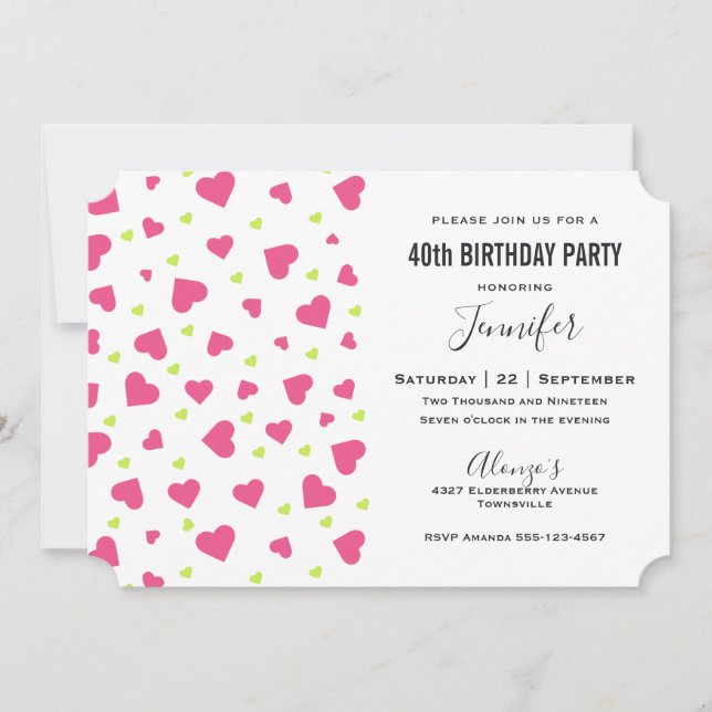 Invitation Cute Rose et Coeurs verts Motif Anniversaire (Devant)