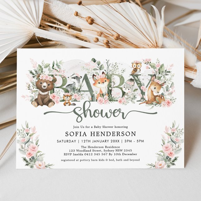 Invitation Cute rose Floral Bois Animaux Fille Baby shower (Créateur téléchargé)
