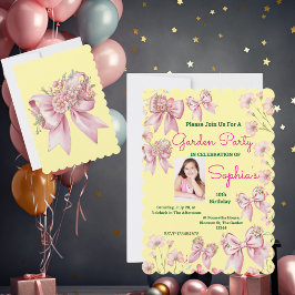 Invitation Cute rose floral Bow Girl Photo Anniversaire