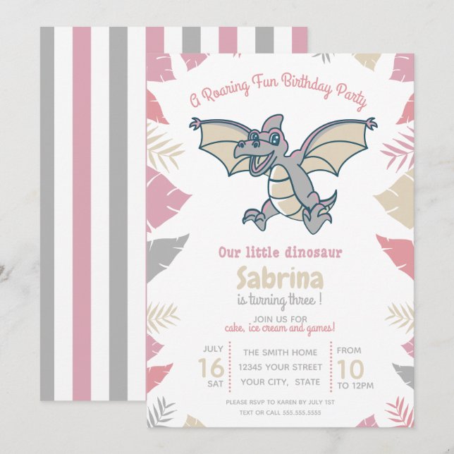 Invitation Cute rose Grey Tan Dinosaur fête d'anniversaire de (Devant / Derrière)