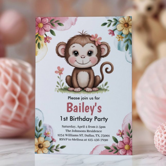 Invitation Cute rose Kids Monkey 1er anniversaire fête (Créateur téléchargé)