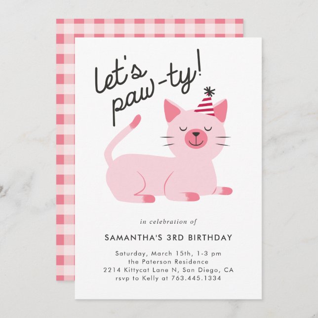 Invitation Cute rose Kitty Chat Anniversaire (Devant / Derrière)