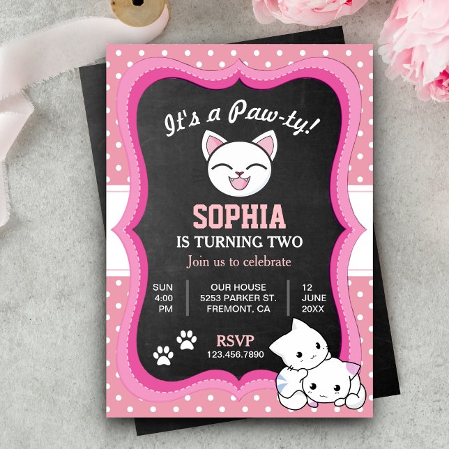 Invitation Cute Rose Kitty Chat Anniversaire de enfant Fête I (Créateur téléchargé)