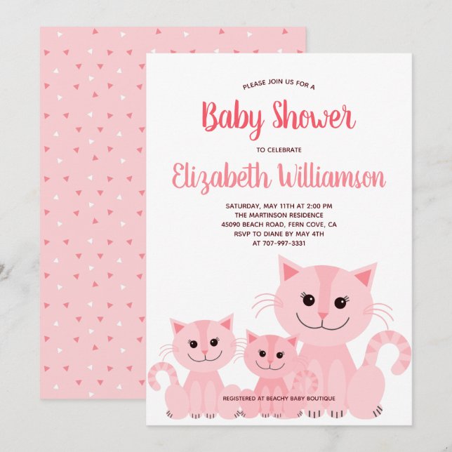Invitation Cute Rose Kitty Chat Kitten Fille Baby shower mode (Devant / Derrière)