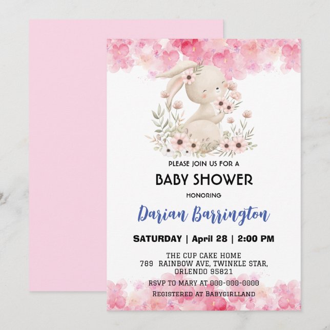 Invitation Cute rose lapin fleurs lapin bébé fille douche (Devant / Derrière)