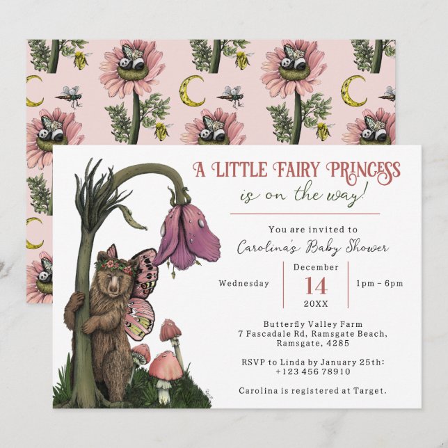 Invitation Cute Rose Ours Fée Princesse Baby shower fille (Devant / Derrière)