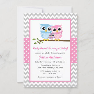 Invitation Cute Rose Owl Famille Grey Chevron Baby shower fil
