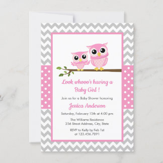 Invitation Cute Rose Owl Grey Chevron Girl Baby shower