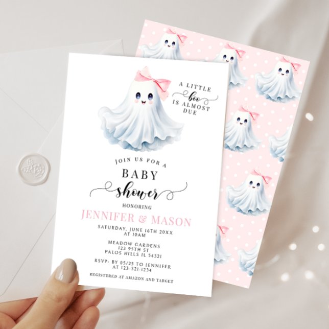 Invitation Cute Rose Petit Boo Ghost Bow Baby Girl Douche (Créateur téléchargé)