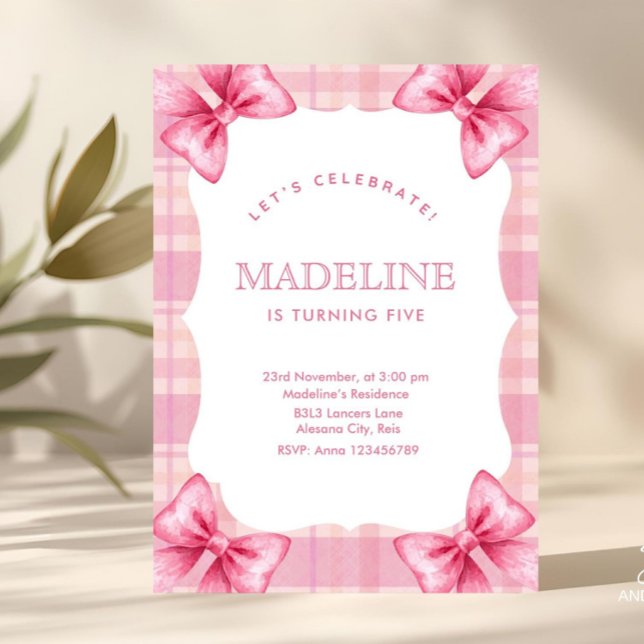 Invitation Cute Rose Plaid & Bow Coquette fille Anniversaire (Créateur téléchargé)