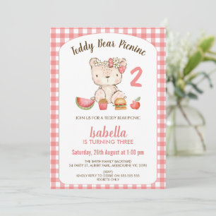 Invitation Cute rose Plaid Teddy Bear Pique-nique Anniversair