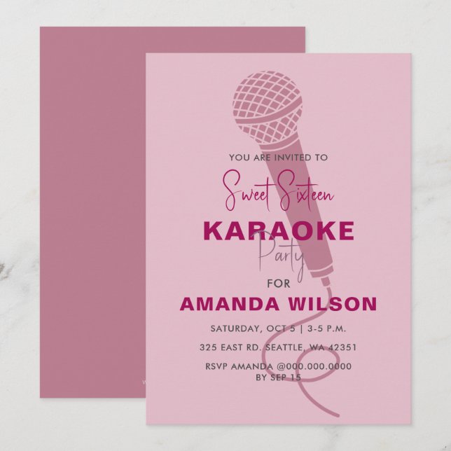 Invitation Cute Rose Sweet 16 Anniversaire Karaoke Party (Devant / Derrière)