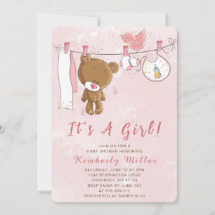 Invitation Cute rose Teddy Bear C'est un Baby shower de fille