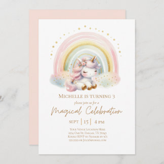 Invitation Cute rose Unicorne avec Rainbow Birthday
