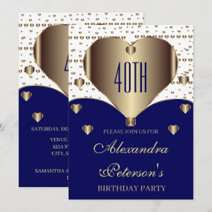 Invitation Cute Royal Bleu Blanc Et Coeurs D'Or Anniversaire