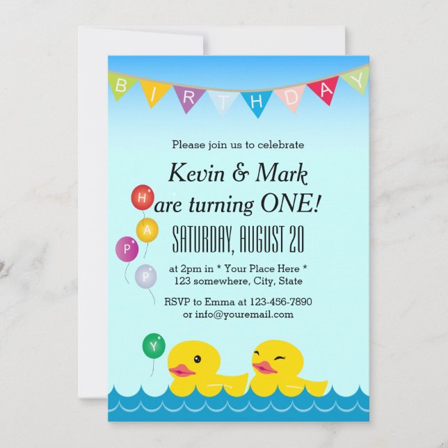 Invitation Cute Rubber Ducks Twins Anniversaire (Devant)