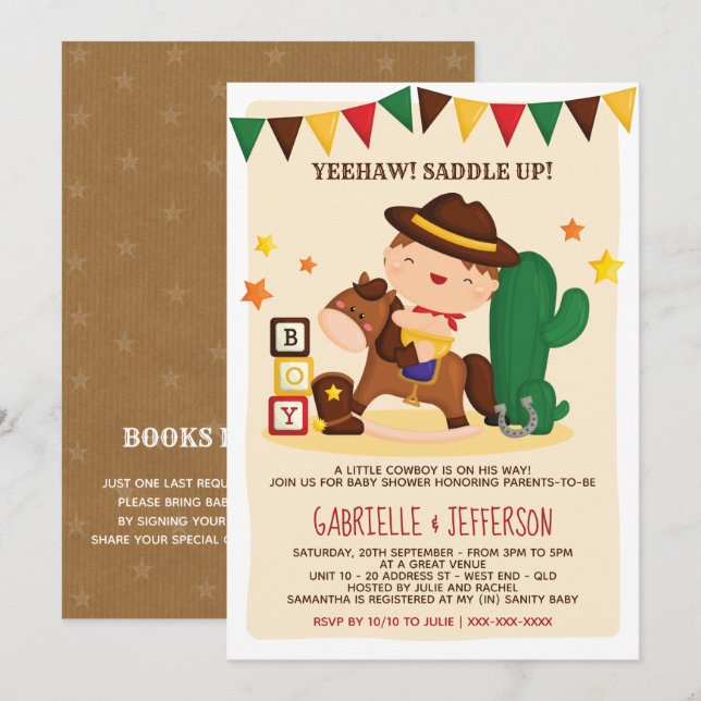 Invitation Cute Rustic Petit Cowboy Baby shower Thème (Devant / Derrière)