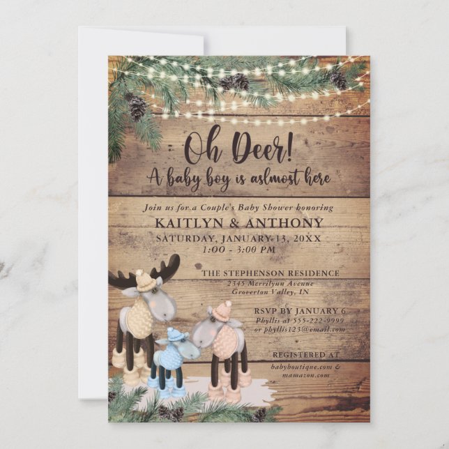 Invitation Cute Rustic Winter Deer Couple Baby Boy Douche (Devant)