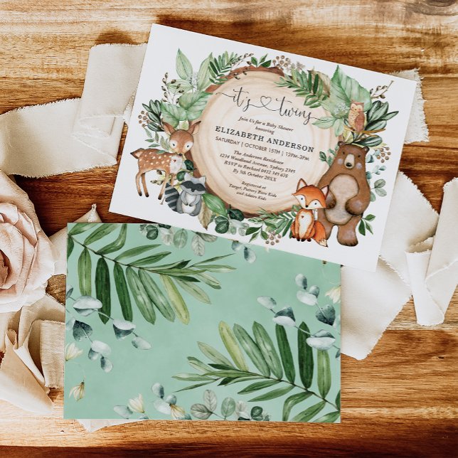 Invitation Cute Rustic Woodland Animaux Twin Baby shower (Créateur téléchargé)