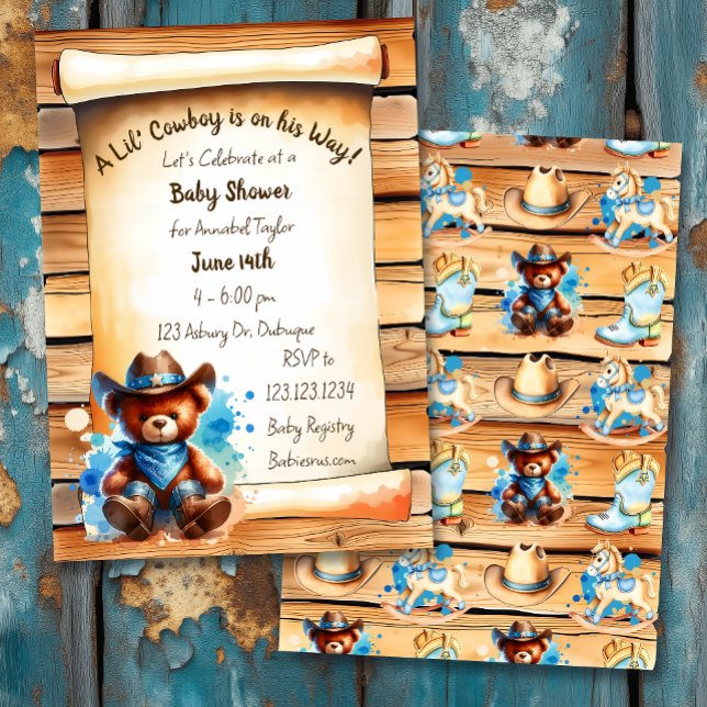 Invitation Cute Rustique Cowboy Teddy Bear Baby shower du gar (Créateur téléchargé)