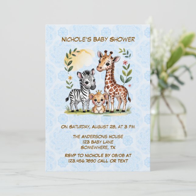 Invitation Cute Safari Animal Trio Boy Baby Shower (Debout devant)