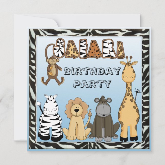 Invitation Cute Safari Animaux Fête d'Anniversaire Bleu (Devant)