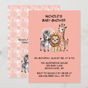 Invitation Cute Safari Animaux Florals rose Fille Baby shower