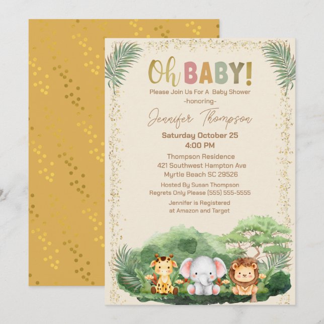 Invitation Cute Safari Animaux Nature Baby shower beige (Devant / Derrière)