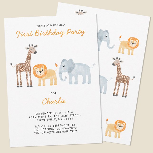 Invitation Cute Safari Animaux Première fête d'anniversaire (Fun baby safari animal themed first birthday party invitation with custom text)