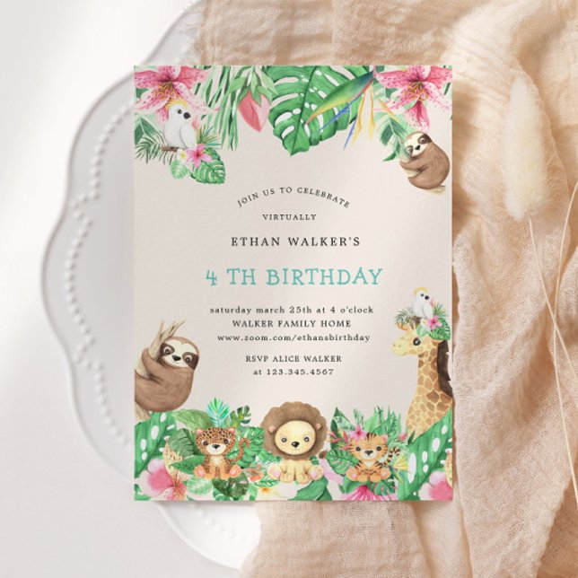 Invitation Cute Safari Animaux Virtual Birthday Party (Créateur téléchargé)