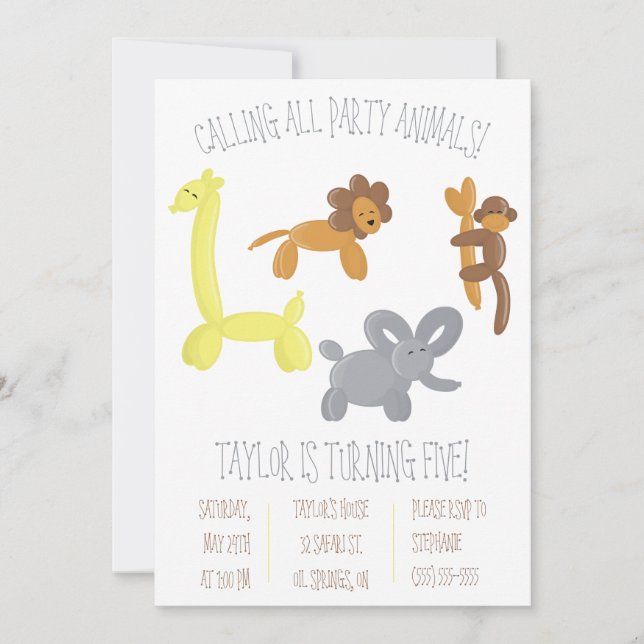 Invitation Cute Safari Balloon Animaux Anniversaire (Devant)