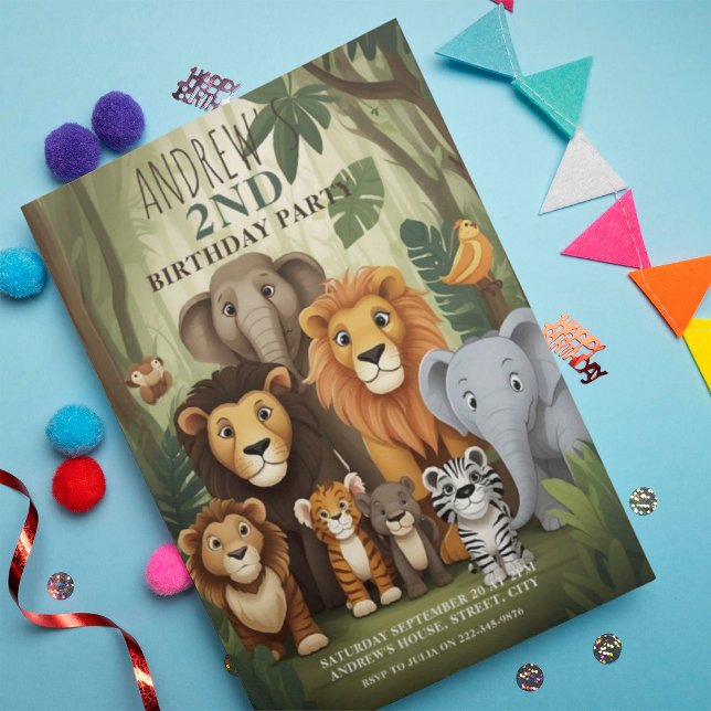 Invitation Cute Safari Jungle Animaux 2e fête d'anniversaire (Créateur téléchargé)