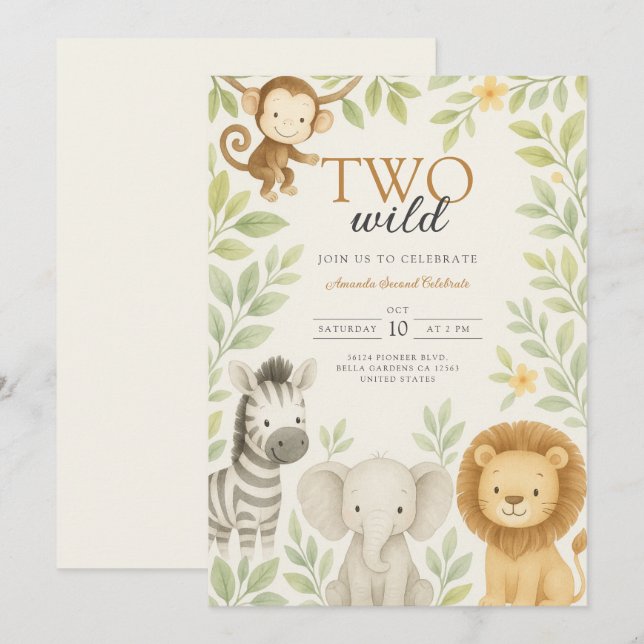 Invitation Cute Safari Jungle Bébé Animaux Anniversaire (Devant / Derrière)