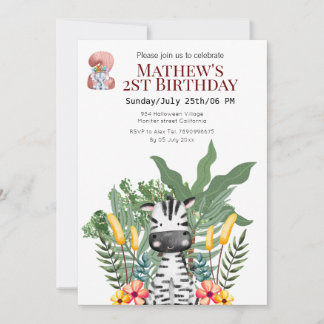 Invitation Cute Safari Zèbre et éléphant 2ème anniversaire