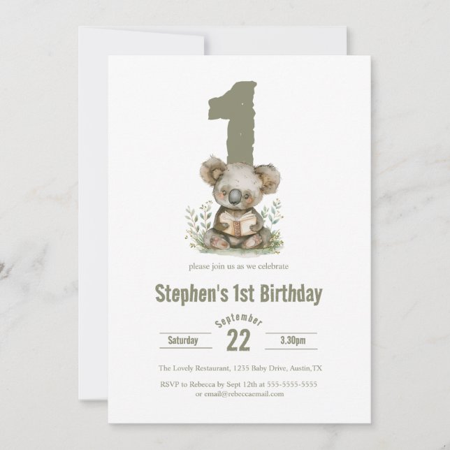 Invitation Cute Sage Green Koala Ours 1er anniversaire fête (Devant)
