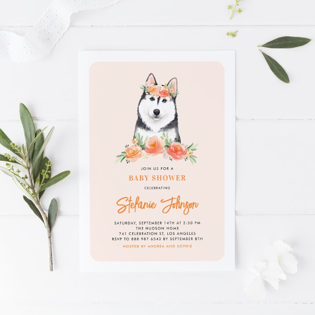 Invitation Cute Sibérie Husky Pêche Baby shower Floral (Créateur téléchargé)