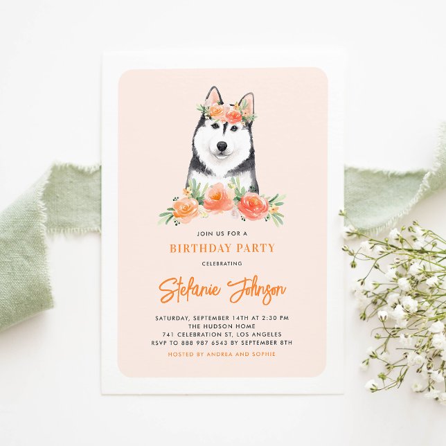 Invitation Cute Sibérienne Husky Peach Floral Anniversaire de (Créateur téléchargé)